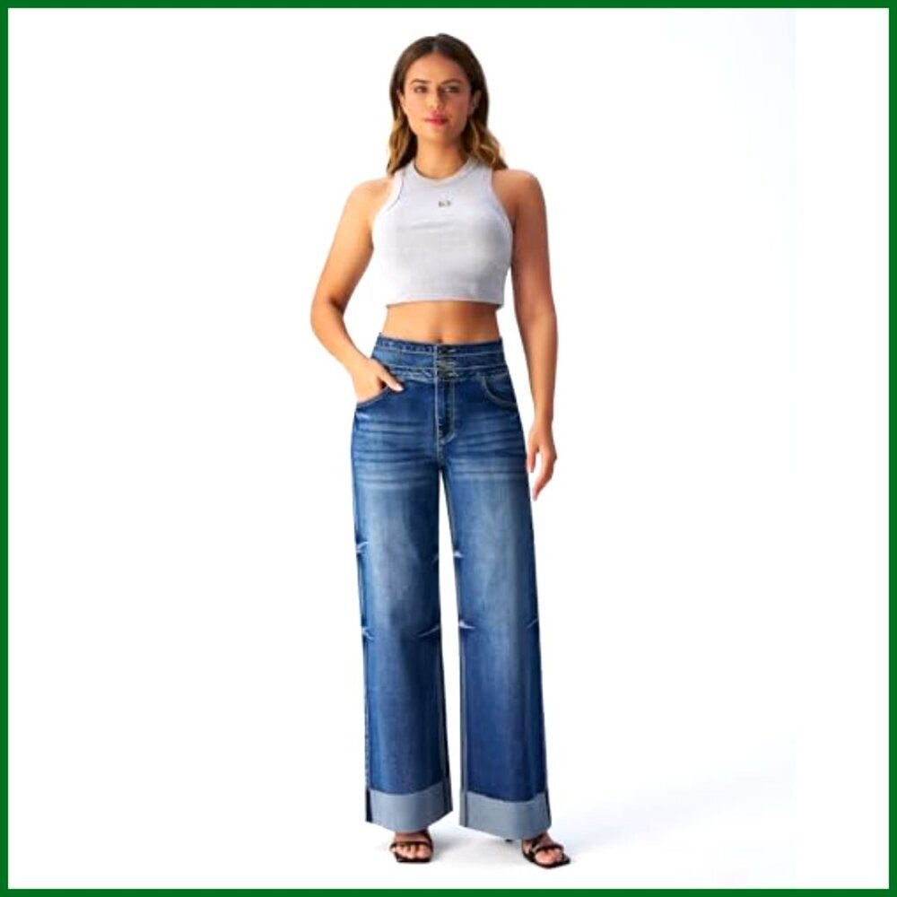 High Waisted Stretchy Wide Leg Jeans Cuffed Baggy Loose Denim Pants - Picture 3 of 7